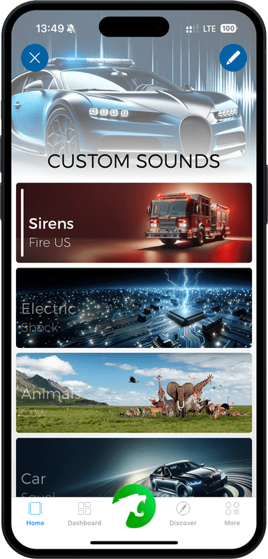 Aplikácia Maxhaust: úvodná obrazovka Custom Sounds