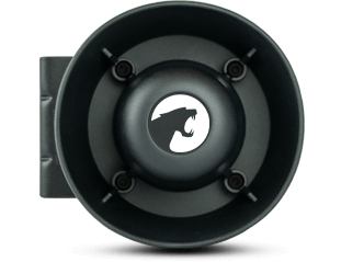 High Speaker mit rundem schwarzem Gehäuse und Panther-Emblem