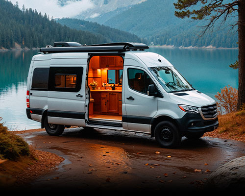 Campervan mit beleuchtetem Innenraum in der Natur