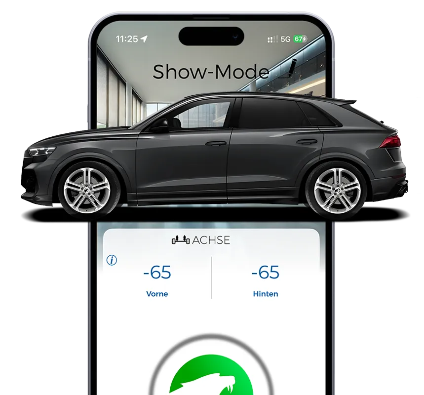 Maxhaust-App im Show Mode, Fahrzeug auf maximaler Tiefe im Stand, Achsansicht mit -65 vorn und hinten
