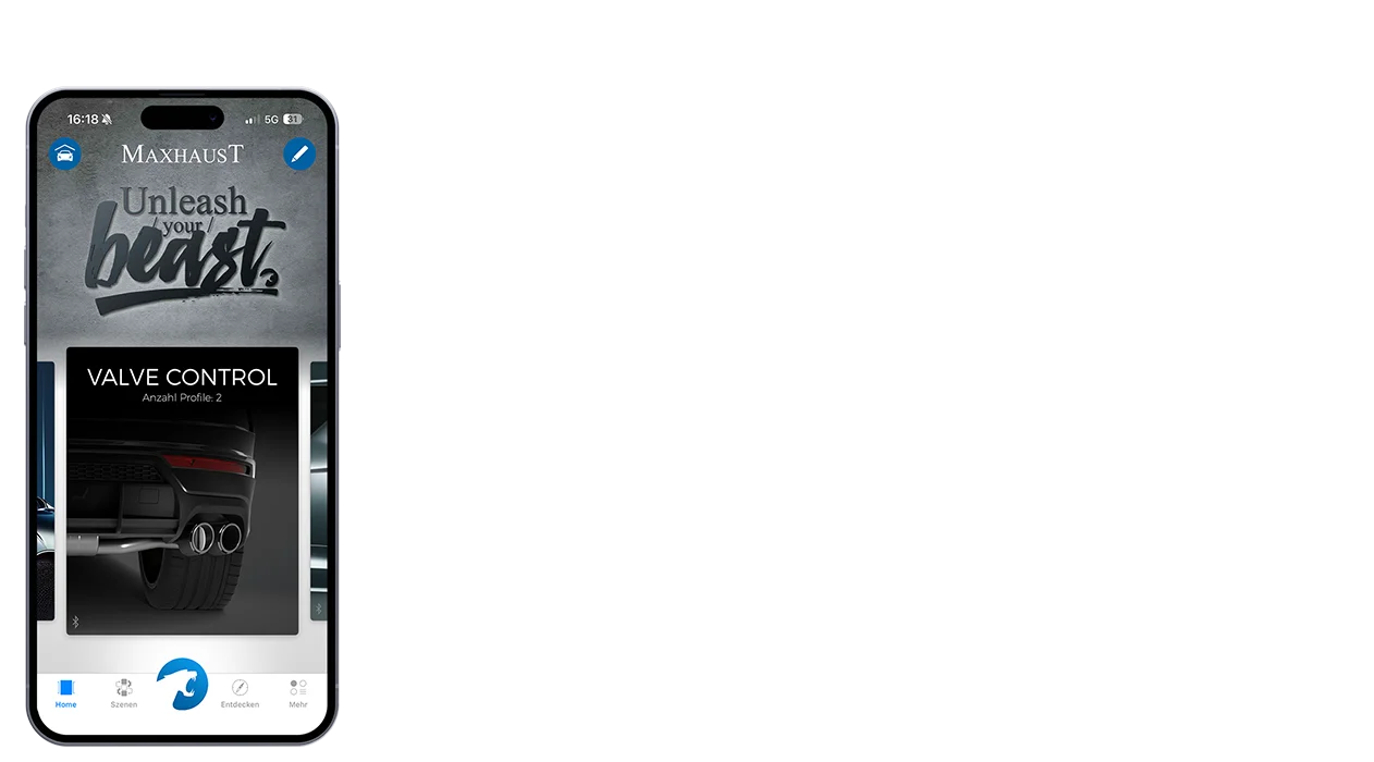 Maxhaust-App: Screens aller Produkte nebeneinander: Valve Control, Ambient Light, Active Sound, Custom Sounds und Air Suspension