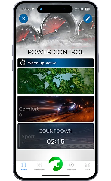 Maxhaust-App: Warm-up Timer aktiv, Countdown bis zur vollen Leistung
