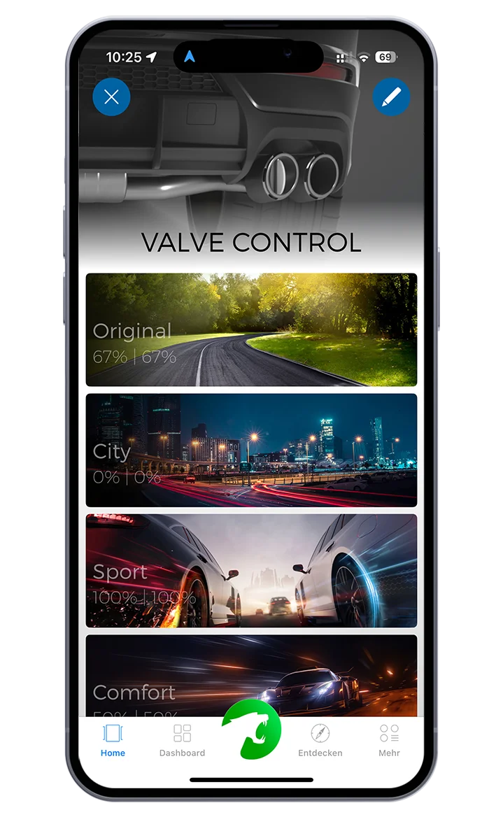 Maxhaust-App: Profilliste mit den Klappenmodi Original, City und Sport