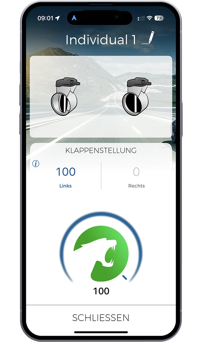 Maxhaust-App: linke Klappe offen, rechte Klappe geschlossen