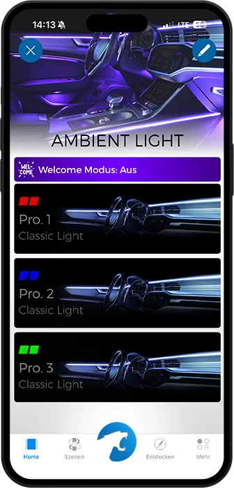 Zobrazenie aplikácie Ambient Light s profilmi Pro. 1 až Pro. 3