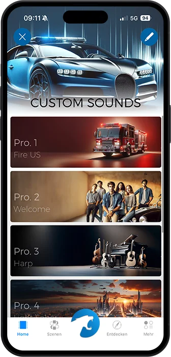 Zobrazenie aplikácie Custom Sounds s profilmi Fire US, Welcome a Harp