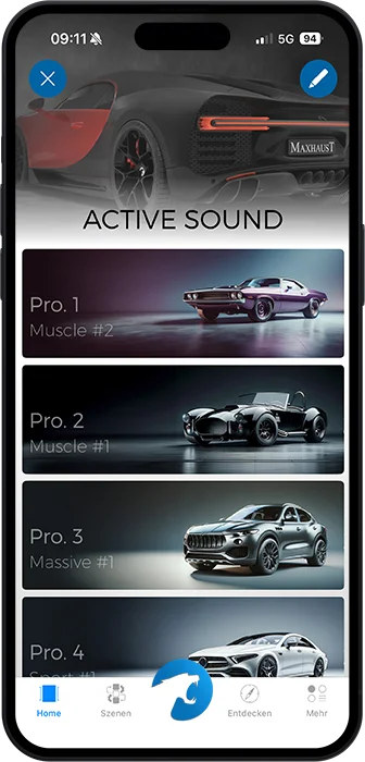 Zobrazenie aplikácie Active Sound so zvukovými profilmi Muscle a Massive