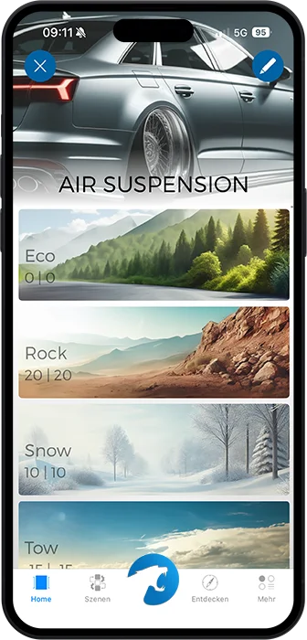 Zobrazenie aplikácie Air Suspension s výškovými profilmi Eco, Rock, Snow a Tow