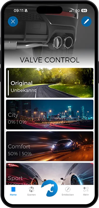 Zobrazenie aplikácie Valve Control s profilmi klapiek Original, City, Comfort a Sport